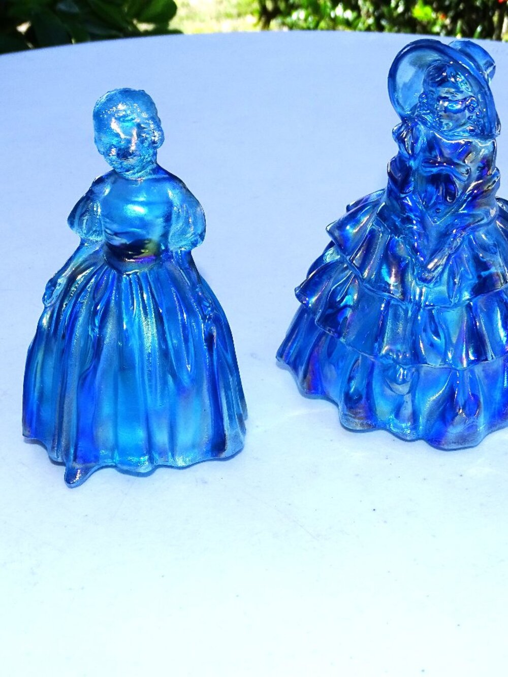 Wheaton Carnival Glass Iridescent Blue Glass Lady Figurines - Pair